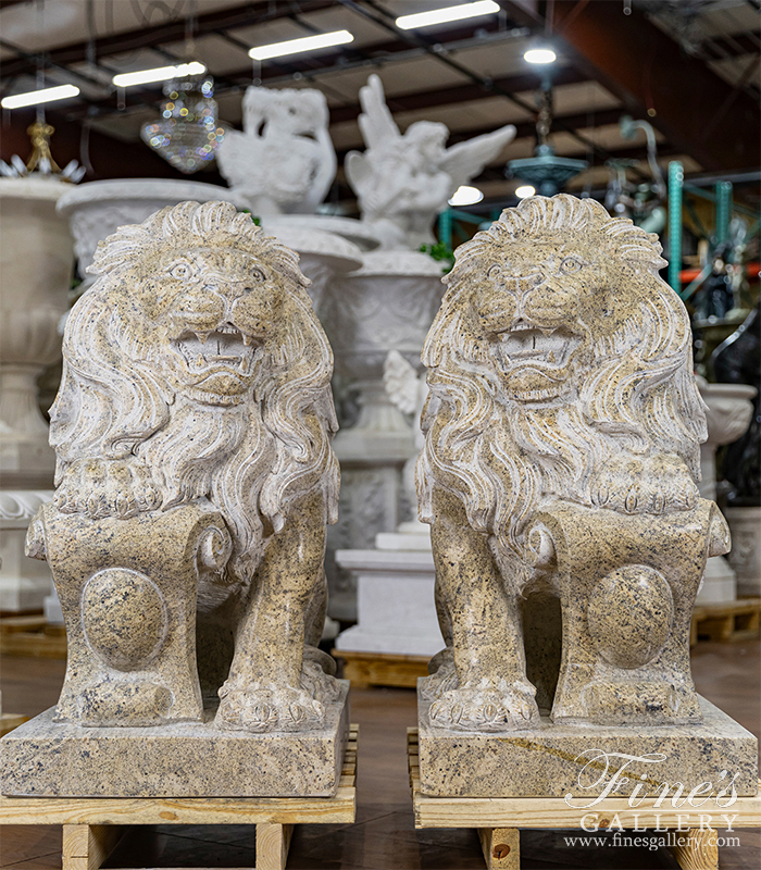 Marble Statues  - A Pair Of Lions In Solid Granite - MS-1276